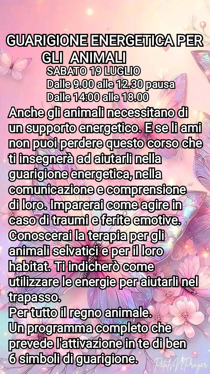 CORSO GUARIGIONE ENERGETICA PER GLI ANIMALI. Data 8 Novembre 2025